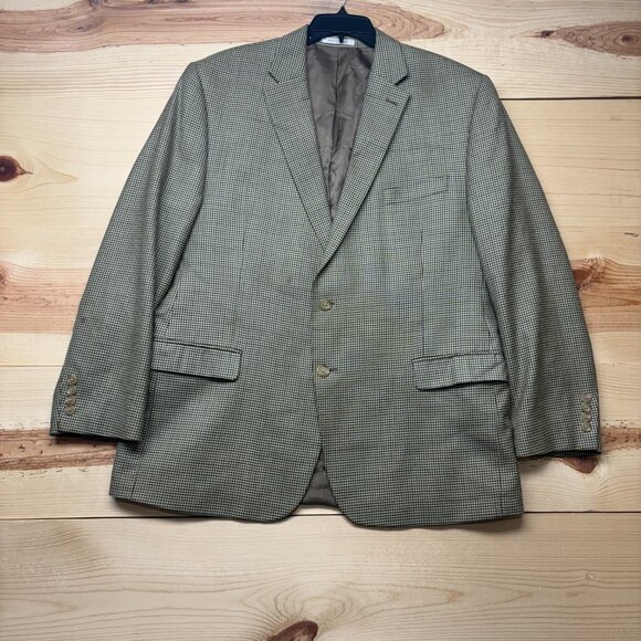 Lauren Ralph Lauren Houndstooth Blazer 46R Brown Tan Silk Wool Blend Coat Jacket - Picture 2 of 14